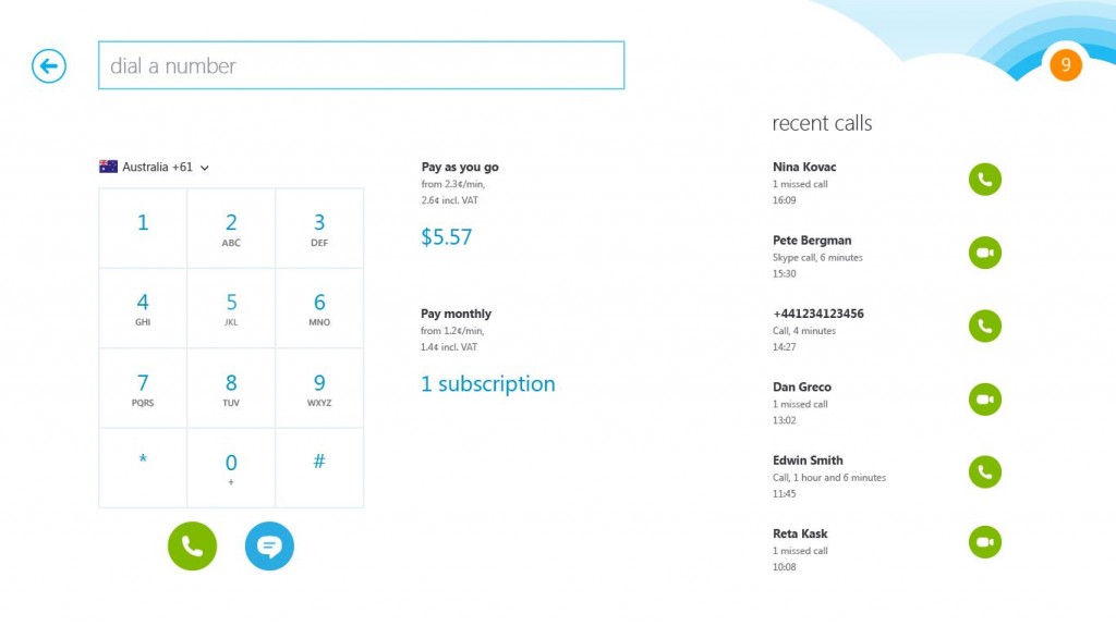 Skype pour Windows 8 - Dial pad